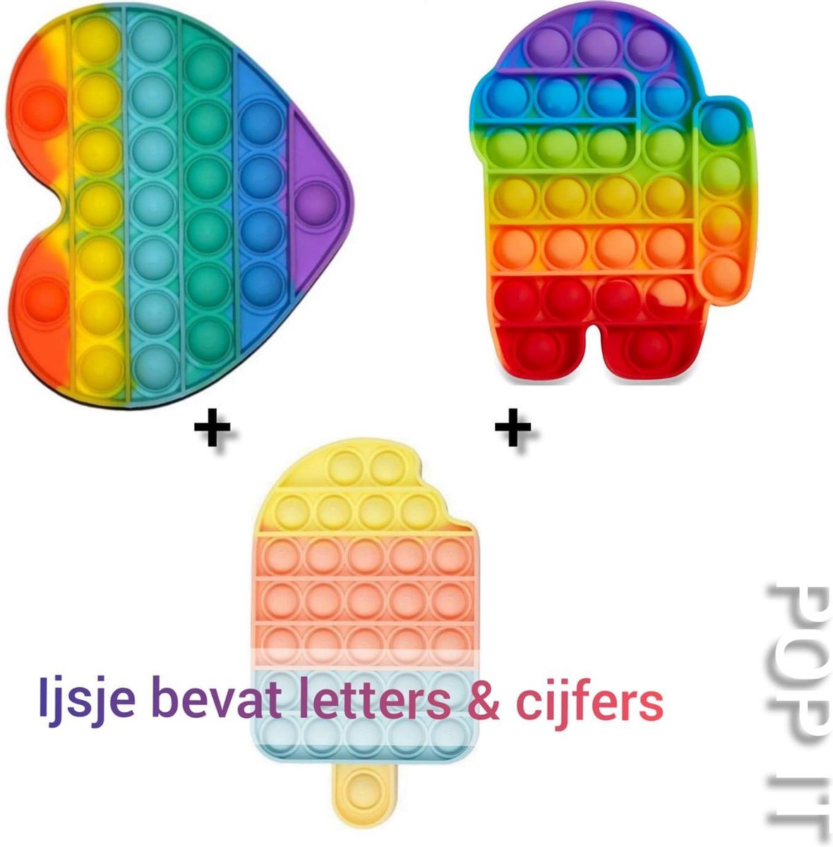 Fidget toys | Fidget toys pakket van 3 stuks | Hartje regenboog + Among us regenboog + Ijsje multi *ijsje bevat letters en cijfers*